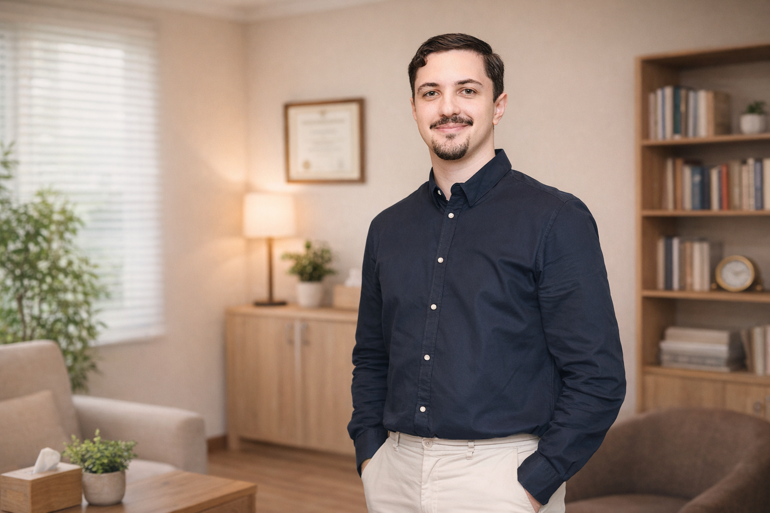 Psicólogo Alexandre Cintra, em pé, sorrindo, utilizando uma camisa azul. No fundo há móveis de consultório e uma estante com libros e um relógio dourado.
